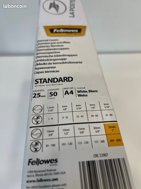 Lot de 45 chemises pré-encollées thermiques Fellowes A4 - 25 mm (Blanc) (image 3)