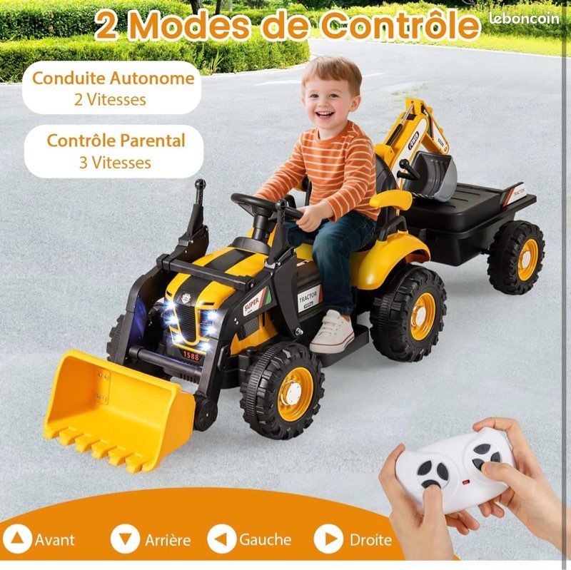 Tout neuf 4 en 1 Tracteur pour Enfant avec 6 Roues, Remorque Amovible, Pelle, Seau, Télécommande, LED et Musique, 3 Ans+, Jaune (image 5)