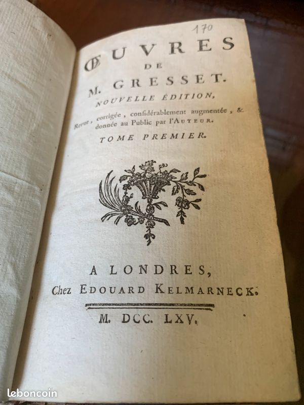 OEUVRES de M. GRESSET Chez Kelmarneck 1765 T1 & T2 - Ex-libris ( Armoiries) (image 12)