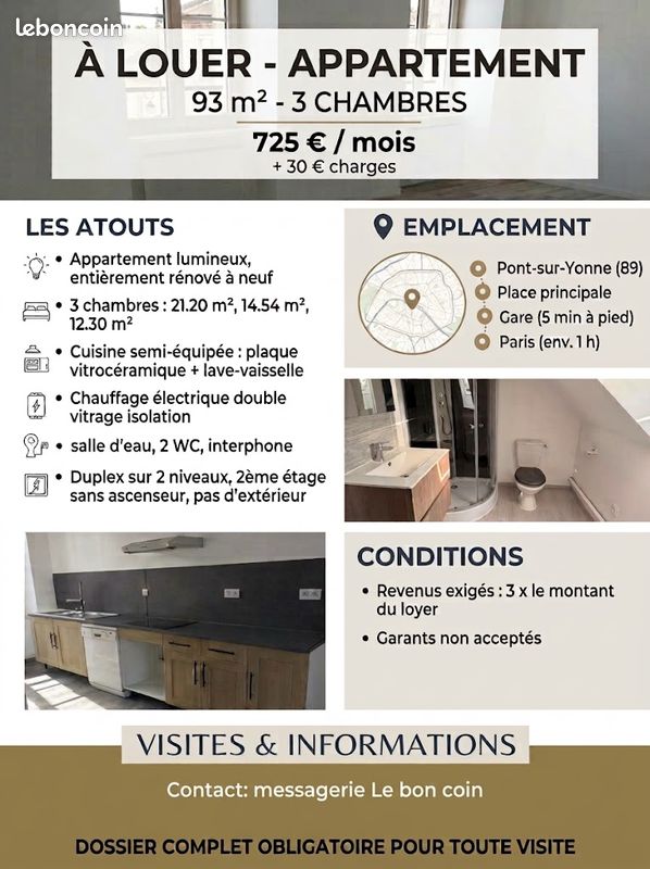 Appartement 4 pièces 93 m² · à Pont-sur-Yonne · 93 m² · 755 €/mois