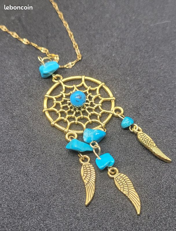 Pendentif Attrape Rêves sur chaine acier inoxydable dorée – Neuf – Turquoise (image 3)