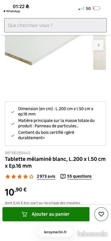 Tablette mélaminé blanc, L.200 x l.50 cm x Ep.16 mm (image 1)