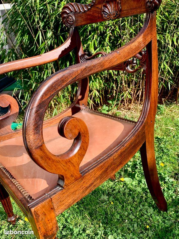 Ensemble bureau et 2 fauteuils style Empire bois massif et cuir (image 9)
