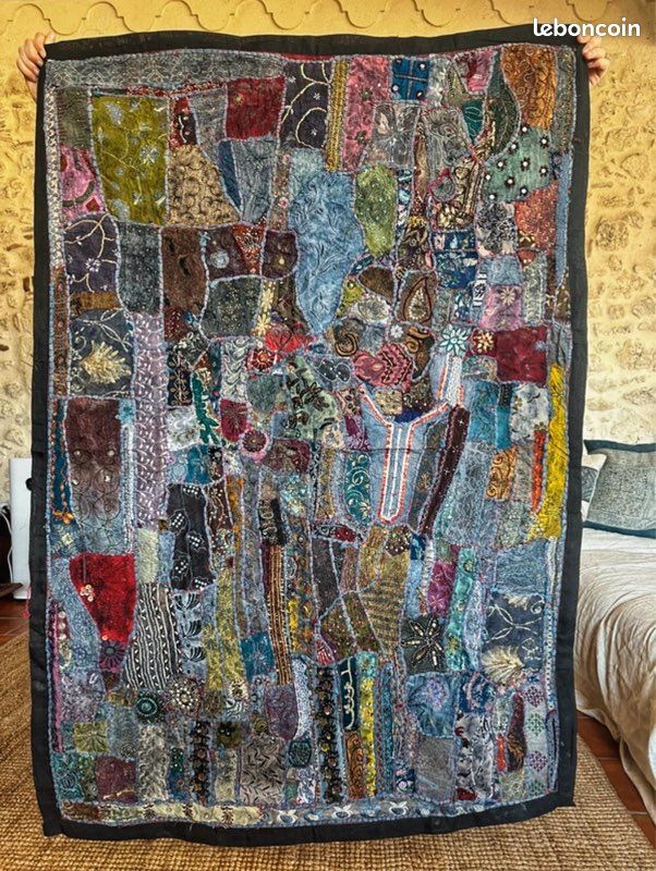 Tapisserie Indienne Patchwork - Murale Avec Perles Et Paillettes - 56x38 Cm