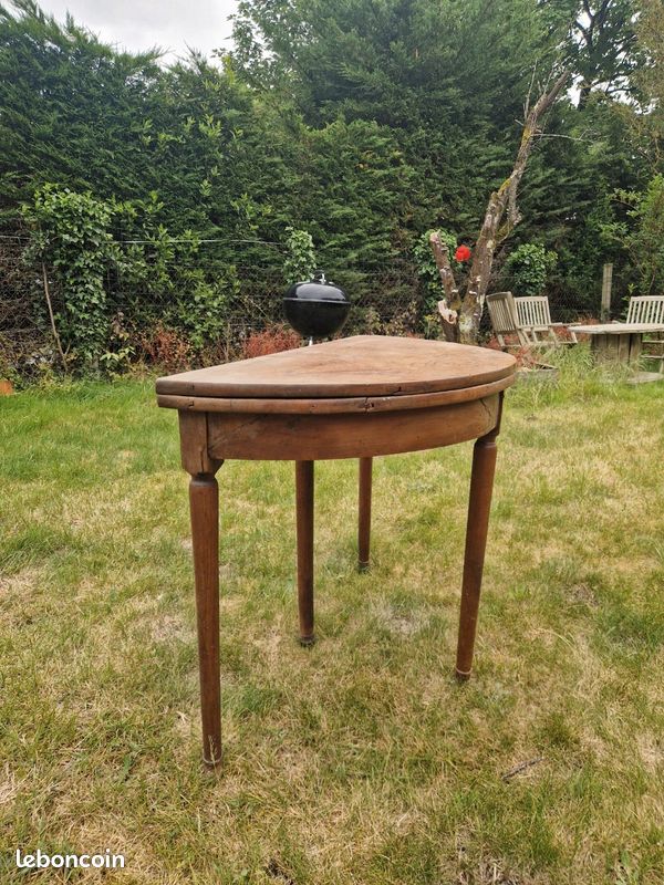 Table demi-lune ancienne XIXe – bois massif, pieds tournés – transformable en ronde (image 3)