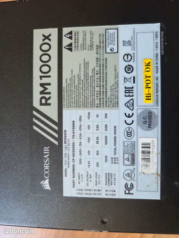 Alimentation Corsair RM1000x 1000W – fonctionne (défaut ports PCIe) (image 1)