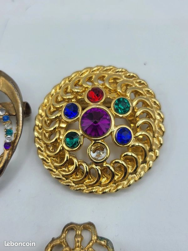XB – Lot 4 Broches Vintage Fantaisie Strass Perles Dorées À Restaurer (image 3)