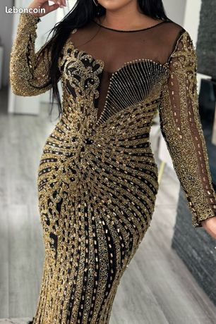 Robe De Soirée Longue Noire Avec Détails Dorés - Taille L Pour Mariage, Cocktail, Fête