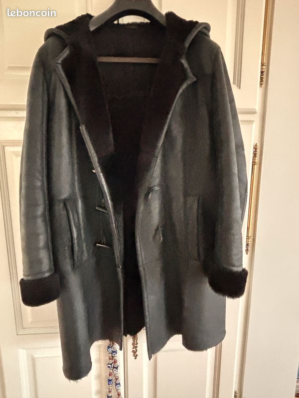 Manteau En Cuir Vachette Hugo BOSS Taille 52 - Noir - Style Parka - Quasi Neuf