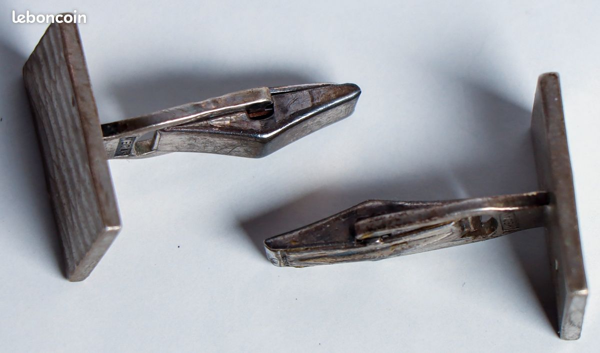 Boutons De Manchette Vintage En Argent Massif - Motif Mécanisme Et Crabe - Pierre Onyx - Occasion Très Bon état