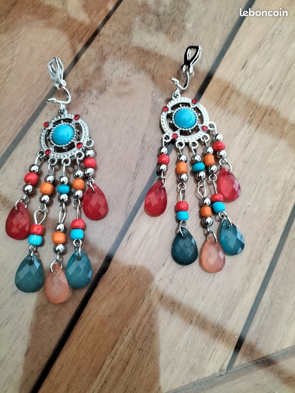 Boucles D'oreilles Créoles LadyGrenadine - 55mm, Perles En Bois Multicolores, Clips Argentés, Neuves