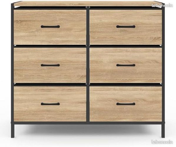 Commode 6 Tiroirs Style Industriel – Meuble de Rangement Bi-Matière – Structure Métal & Tiroirs Tissu Effet Bois – 80 x 30 cm (image 1)