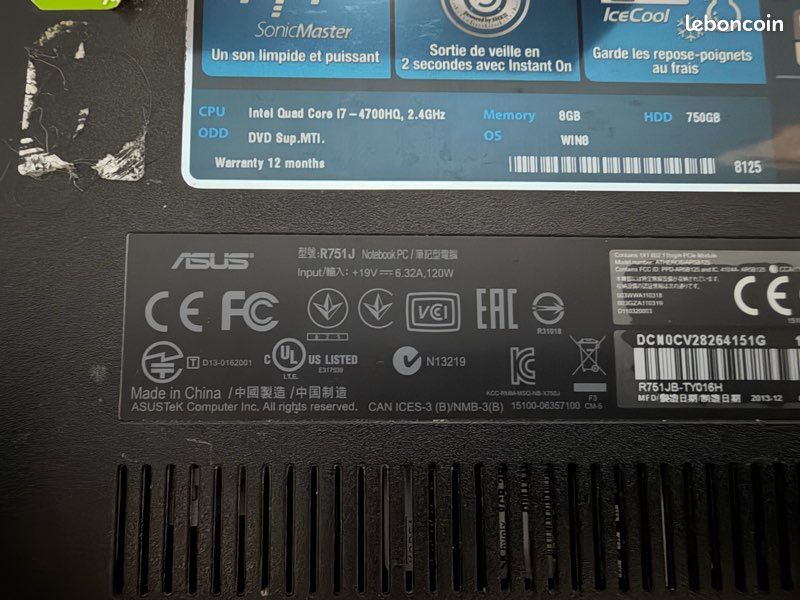 Coque Inférieure ASUS X751LD Avec Haut-parleurs – Bon état – Pièce Détachée