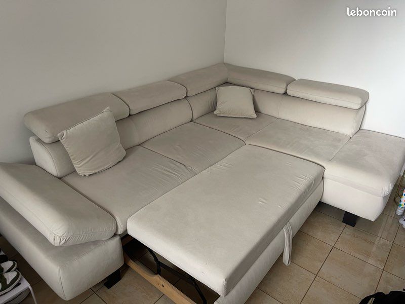 Canapé d’angles convertible en velours beige - Droit (image 5)