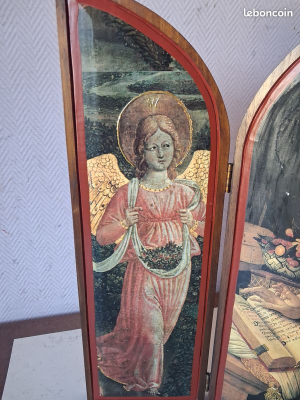 Ancien triptyque en bois épais vierge-jésus-anges vintage (image 2)