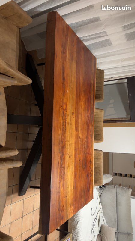 Table Melbourne Pier Import + 6 chaises microfibre douce taupe – Bois d’acacia massif (image 4)