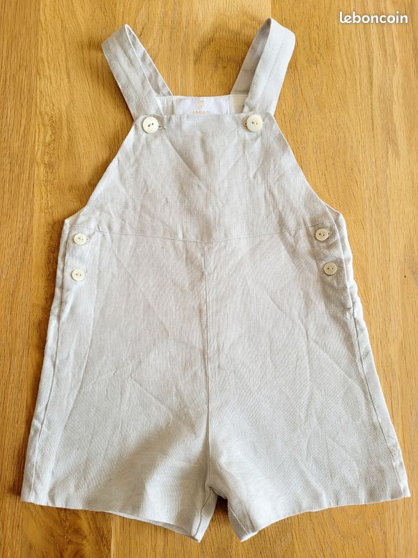 Tenue cérémonie Jacadi 24 mois 2 ans salopette lin gris souris body gilet blanc comme neuf (image 10)