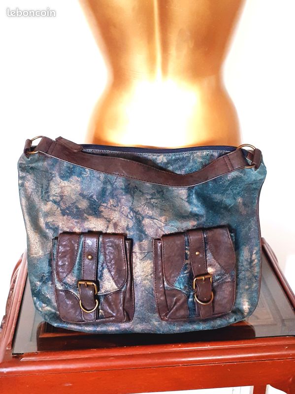 Sac NEUF en Jean bleu motif Doré & Simili Cuir Marron (image 11)