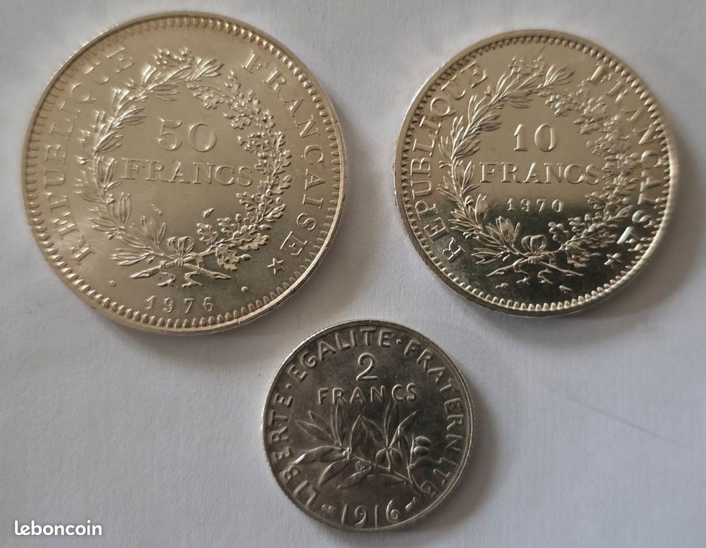 Lot de 3 pieces en argent donc 1 piece de 50f et 10f hercule + 1 piece de 2 f semeuse en argent (image 1)