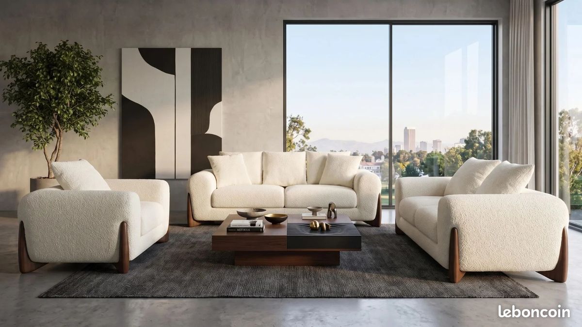 💥NEUF ET EN PROMO💥Sublime Ensemble de Canapés 3+2+1 Neufs et sous emballage. En Tissu Bouclette Beige clair. Chic et Confortable. En Stock immédiat livraison rapide chez vous (image 1)