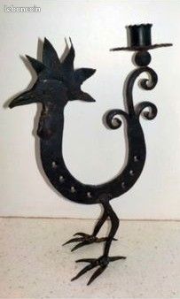Art Brut Superbe Coq Bougeoir Fer forgé 1950 Style Atelier Marolles Touret (image 1)