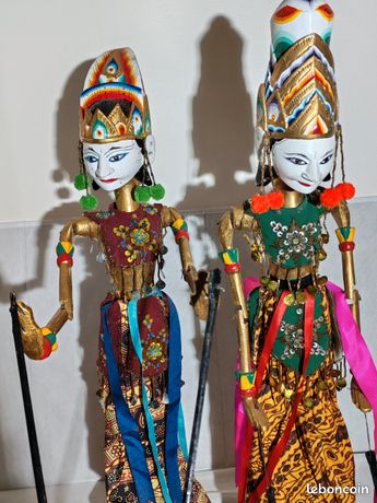 Marionnette à tige en bois sculpté vintage, Wayang Golek
