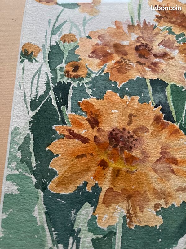 Tableau« Ho Les Jolies Fleurs « Aquarelle signé (image 5)