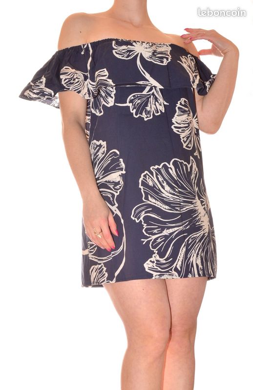 Robe D'été Bleu Marine Et Blanche à Motif Floral - Épaules Dénudées, Taille M - État Parfait