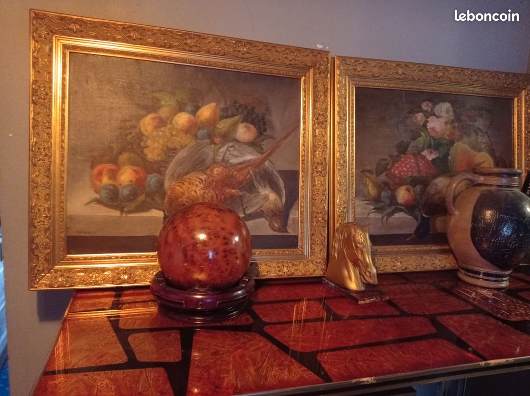 Paire tableau ancien reentoiler 'signer'dimension57-48 (image 4)
