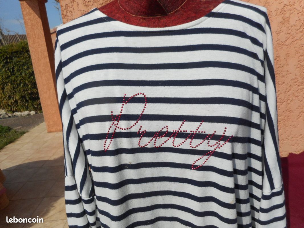 Tee shirt blanc rayures bleu marine inscription pretty (image 2)