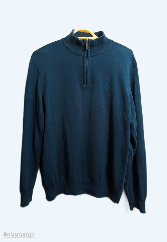 Pull col tunisien en lin et coton bleu ciel Father & Sons