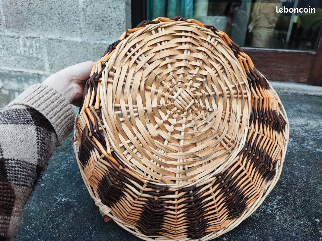 Panier De Pêche Ancien Creel New England - Osier Tressé Main Avec Couvercle Bois