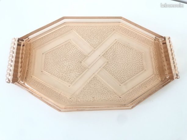 Plat Plateau Octogonal En Verre Rose - 37 Cm - Déco Vintage