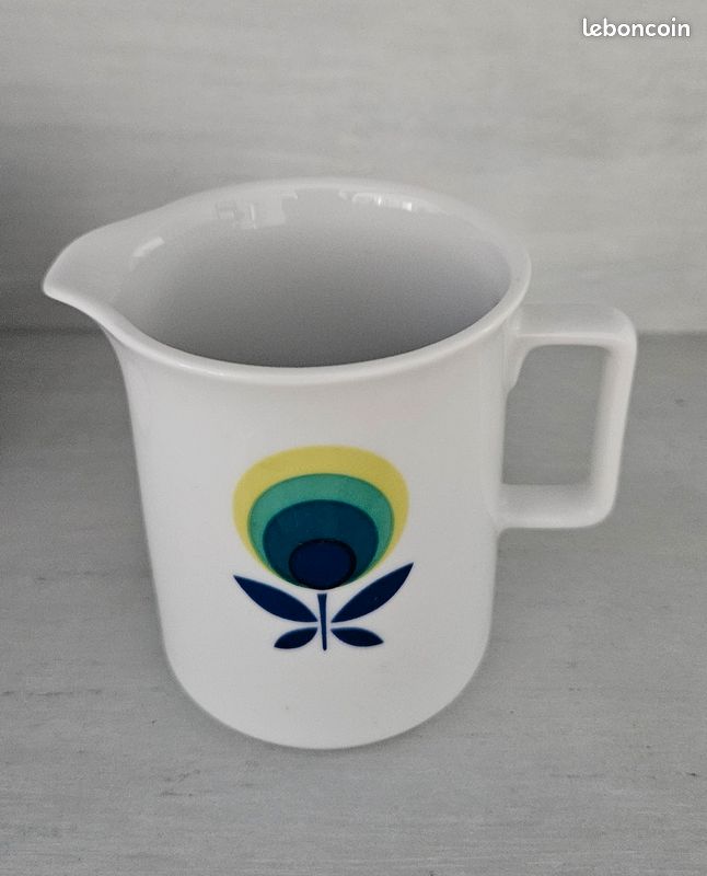 Service café thé vintage motif floral bleu vert jaune tasses sucrier crémier pot lait design Bavaria Schirnding 60’s 70’s (image 6)