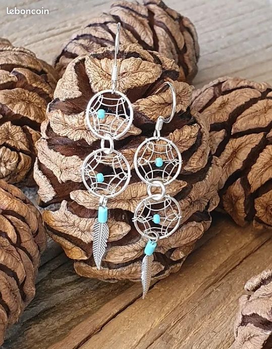Boucles d'oreilles attrape rêve, argent massif et Turquoise (image 1)