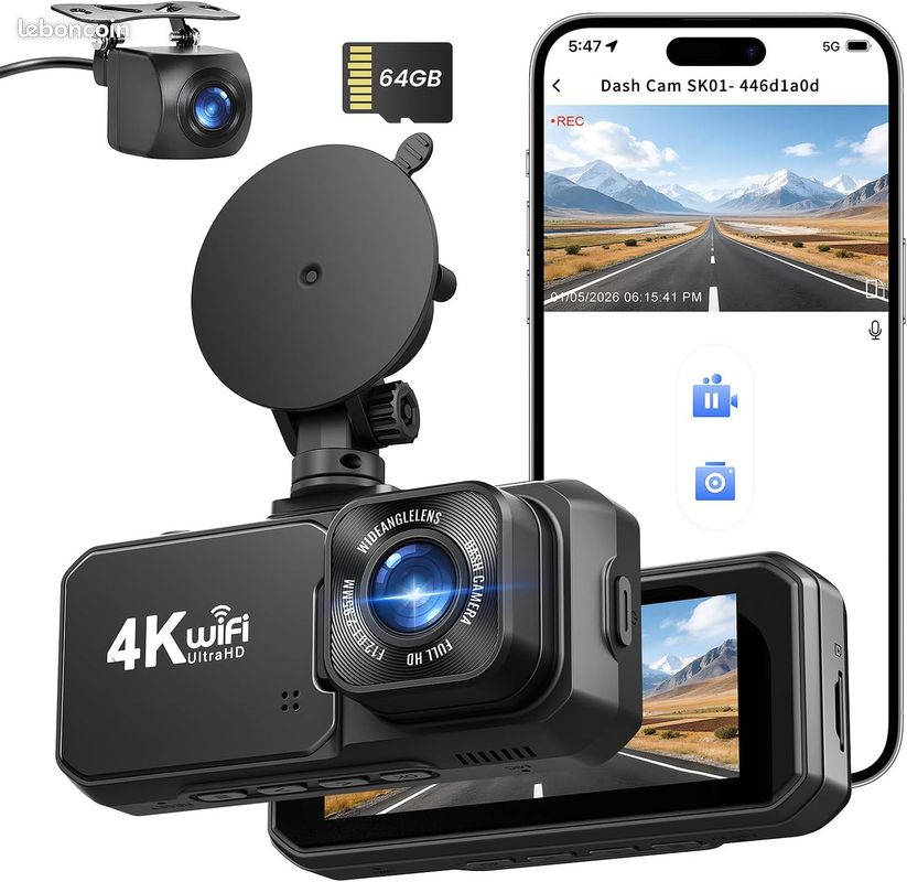 Dashcam Voiture,4K Camera Voiture avec écran IPS 1.47'',Dash Cam Grand