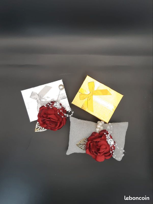 Parrure Bracelet Boutonnière rose rouge perles (image 4)