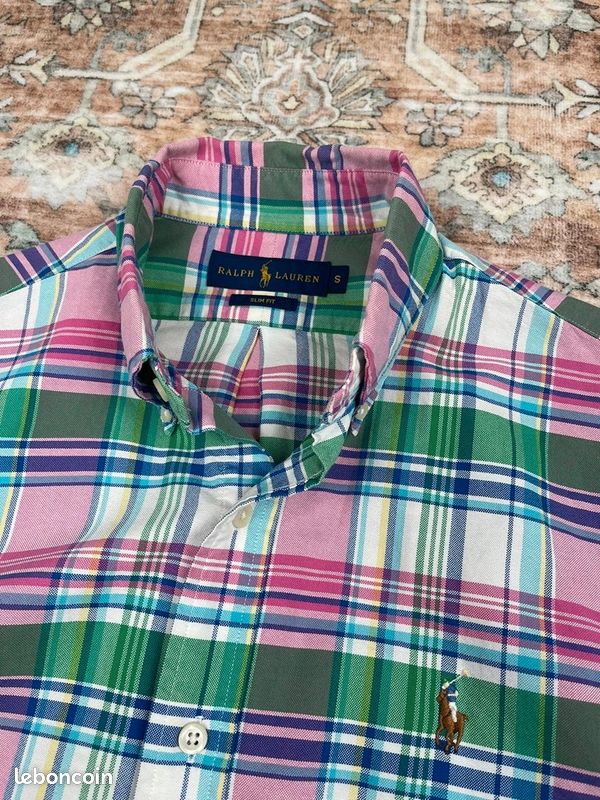 Chemise à carreaux Ralph Lauren Slim Fit rose vert S manches longues homme - #Cl5968 (image 2)