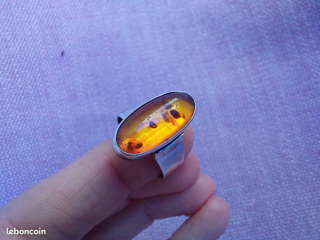 Bague Ancienne En Argent 925 Avec Cabochon D'Ambre - Taille 54 - Style Vintage/Antique - Occasion