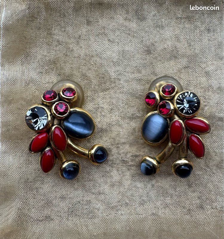 Boucles D'oreilles Vintage à Clip Doré, Strass Et Cabochons Noirs - Bijoux Fantaisie Rétro