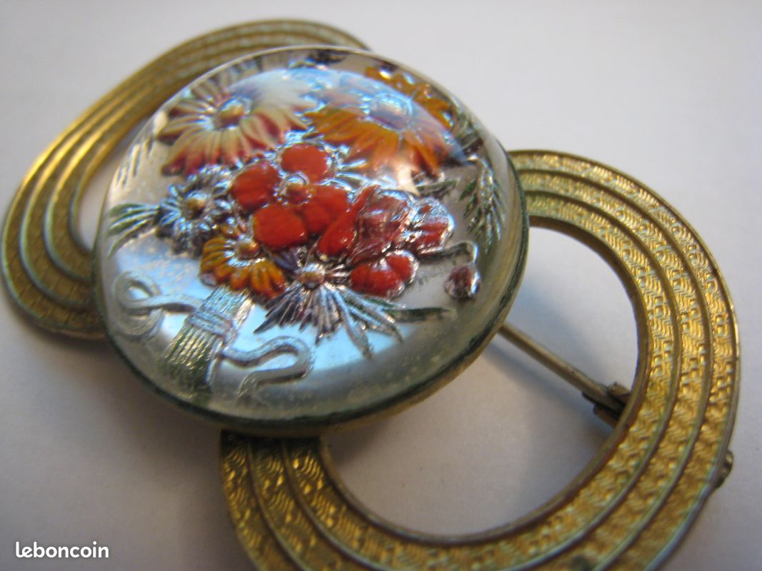 Broche Vintage Ancienne En Verre Rouge Et Rose - Alliage - Occasion - Bijou Rétro