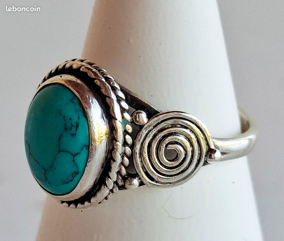 Bague vintage argent massif 925 avec pierre turquoise Motif spirale Shabby Chic Bohème (image 3)