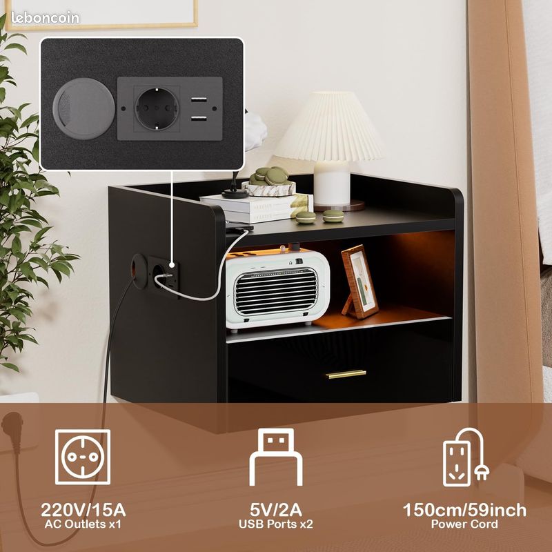 Lot de 2 tables de chevet suspendues avec prise LED (image 4)