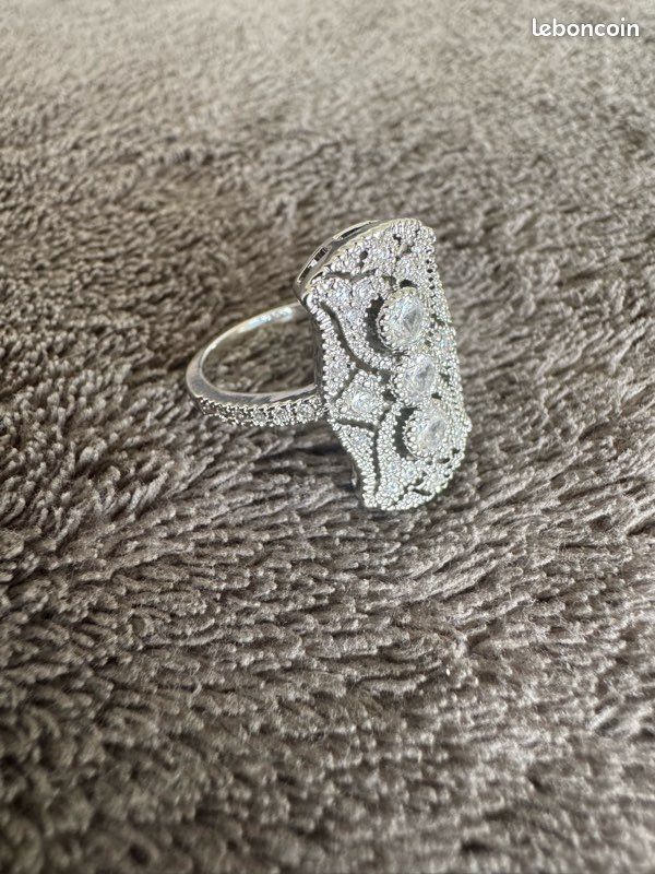 Bague En Argent Massif 925 Double Vague Style Art Déco / Art Nouveau - Taille 54 - Occasion