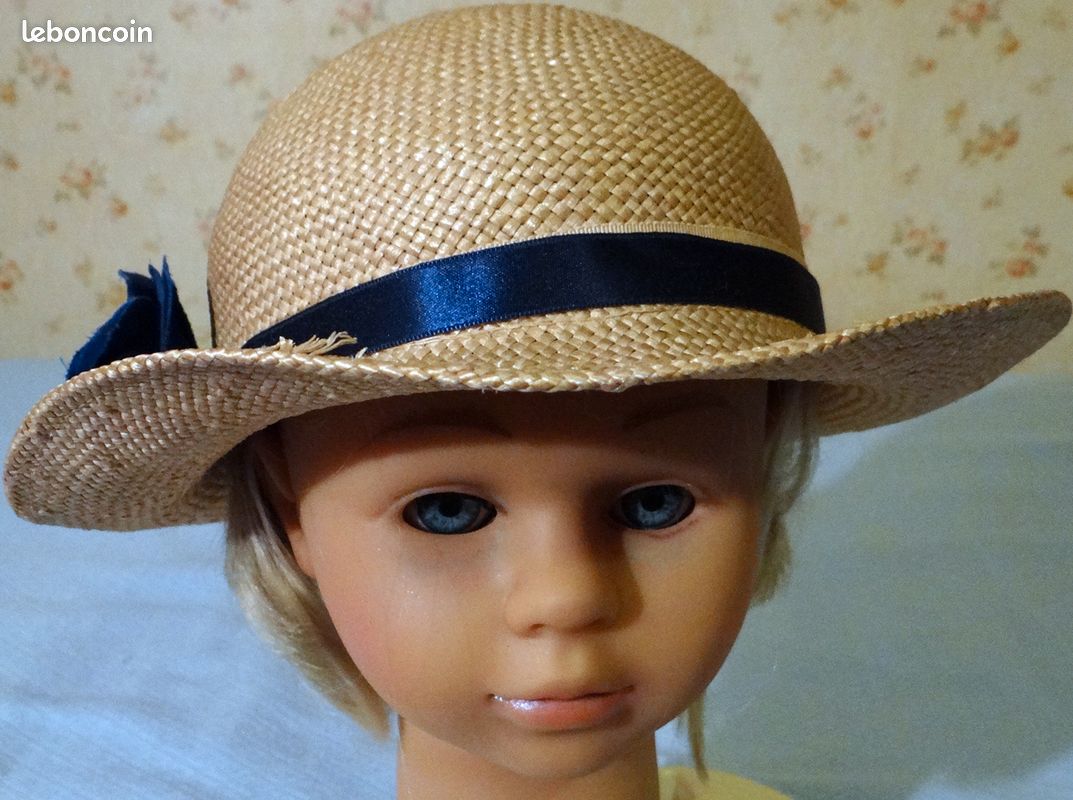 CHAPEAU EN PAILLE NATURELLE 1960 T. 53 cm avec RUBANS FLEUR EN TISSU BLEU mariage, été, défilé vintage, fabriqué en France (image 9)