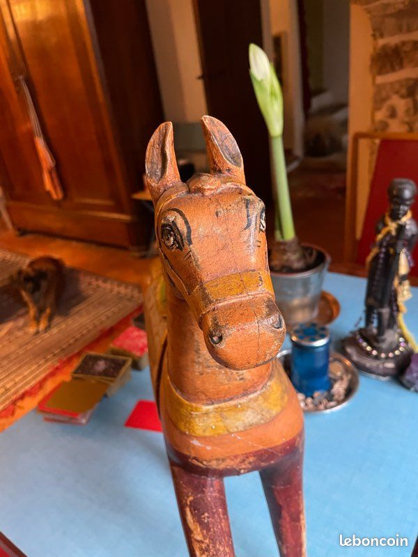 Ancien Cheval En Bois Polychrome Jouet 21x21 Cm