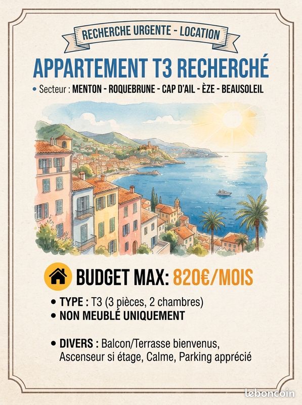 Appartement 3 pièces 54 m² · à Beausoleil · 54 m² · 820 €/mois