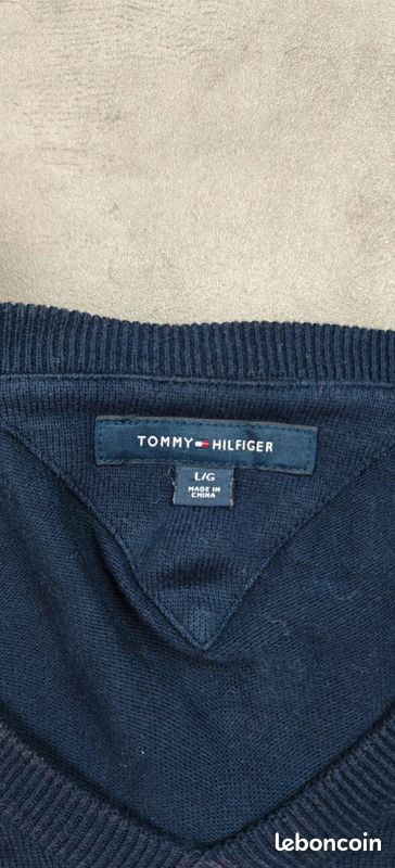 Sweat Tommy Hilfiger [L] 100% coton col V logo brodé homme pull marine (image 4)