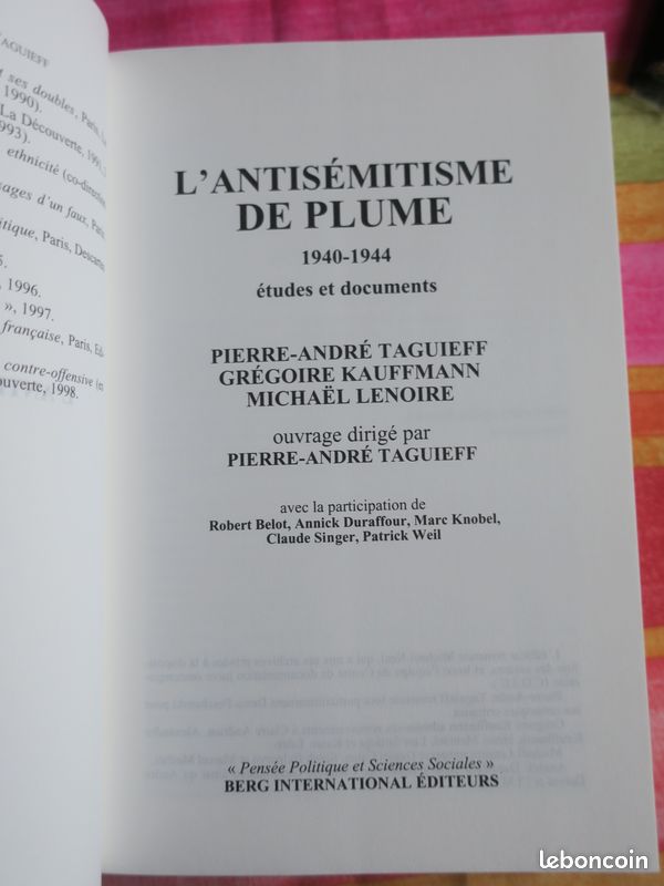 L'ANTISEMITISME DE PLUME 1940 - 1944. Pierre-André Taguieff BERG Editeurs 1999 (image 4)