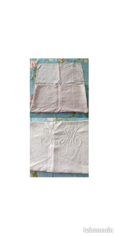 Housse oreiller ou coussin avec très beau monogramme JM entièrement brodé mains (image 1)
